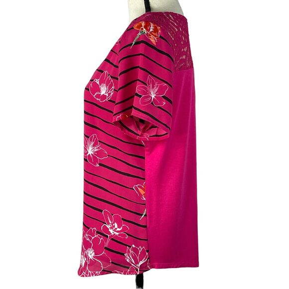 APT 9 Medium Top Floral Striped Round Keyhole Neck Short Sleeve Fuchsia Pink - Picture 4 of 8